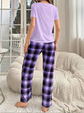 Women's Casual Heart & Letter Print Pajama Set, Short Sleeve Round Neck Top & Plaid Pants, Comfortable Relaxed Fit