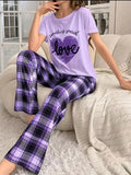 Women's Casual Heart & Letter Print Pajama Set, Short Sleeve Round Neck Top & Plaid Pants, Comfortable Relaxed Fit