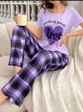 Women's Casual Heart & Letter Print Pajama Set, Short Sleeve Round Neck Top & Plaid Pants, Comfortable Relaxed Fit