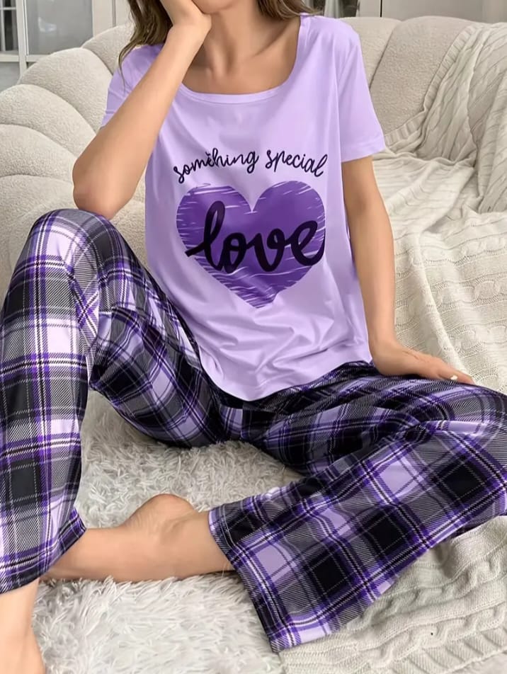 Women's Casual Heart & Letter Print Pajama Set, Short Sleeve Round Neck Top & Plaid Pants, Comfortable Relaxed Fit